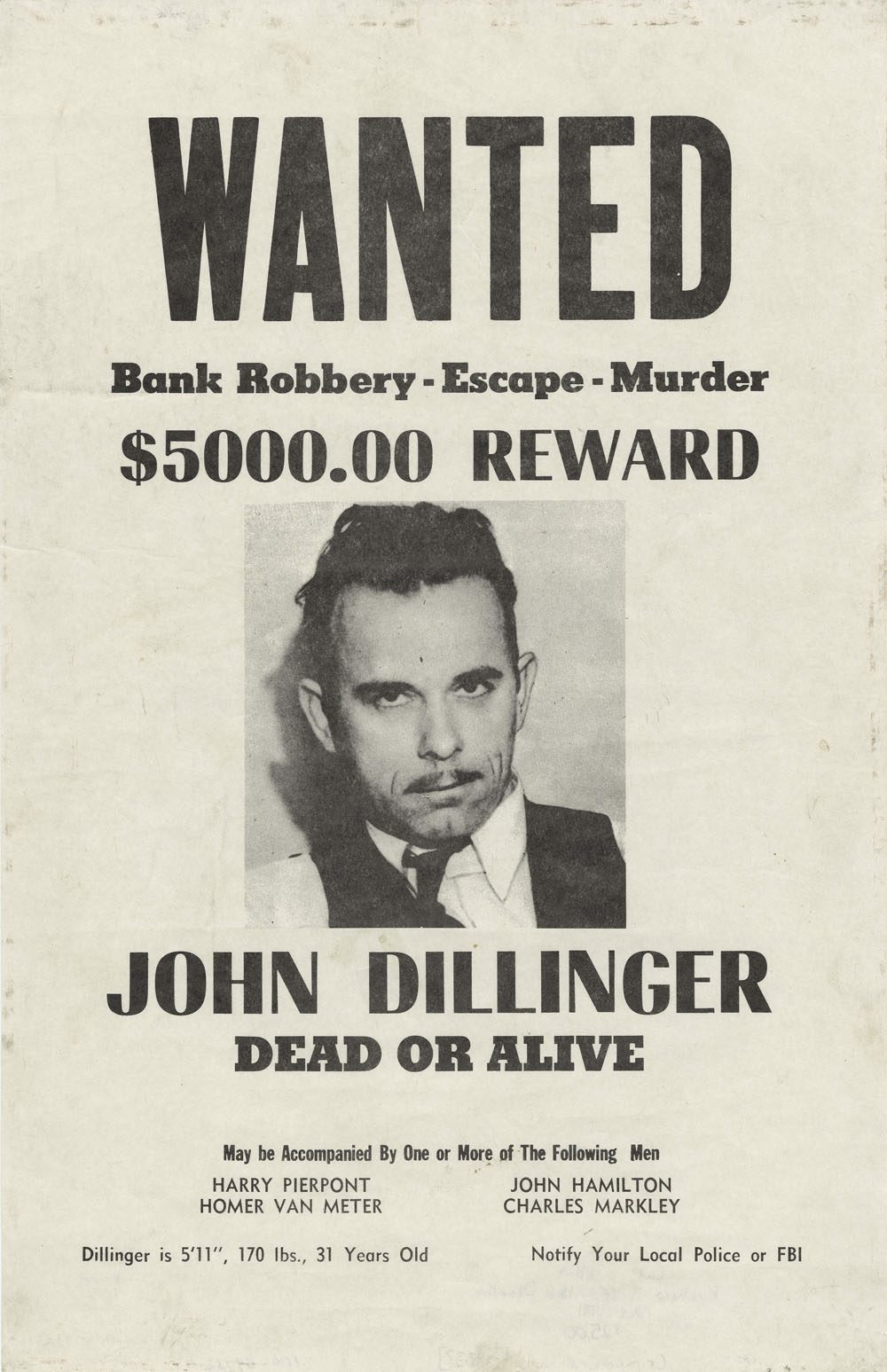 Undated wanted poster for John Dillinger. CHM, ICHi-059732