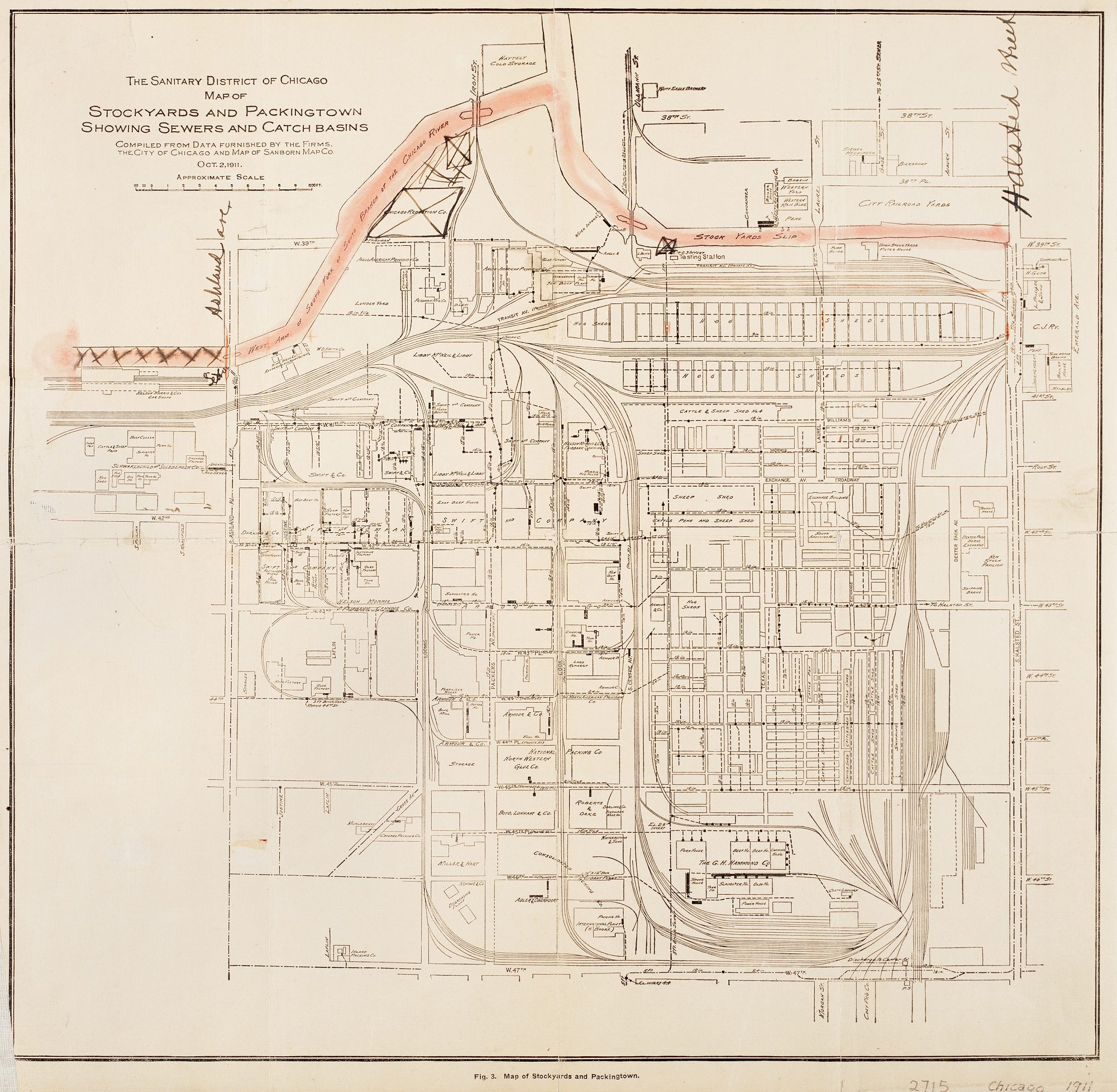 The Sanitary District of Chicago Map of Stockyards and Packingtown Showing Sewers and Catch Basins, Chicago, 1911. Published by Sanborn Map Co.