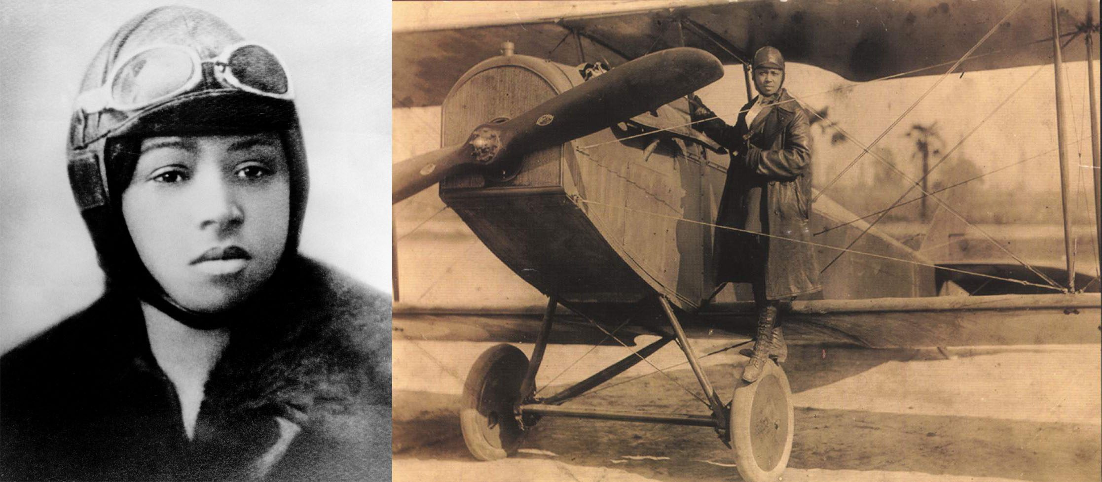 left image: headshot of Bessie Coleman in aviator helmet and googles; right image: Bessie Coleman stands by an airplane