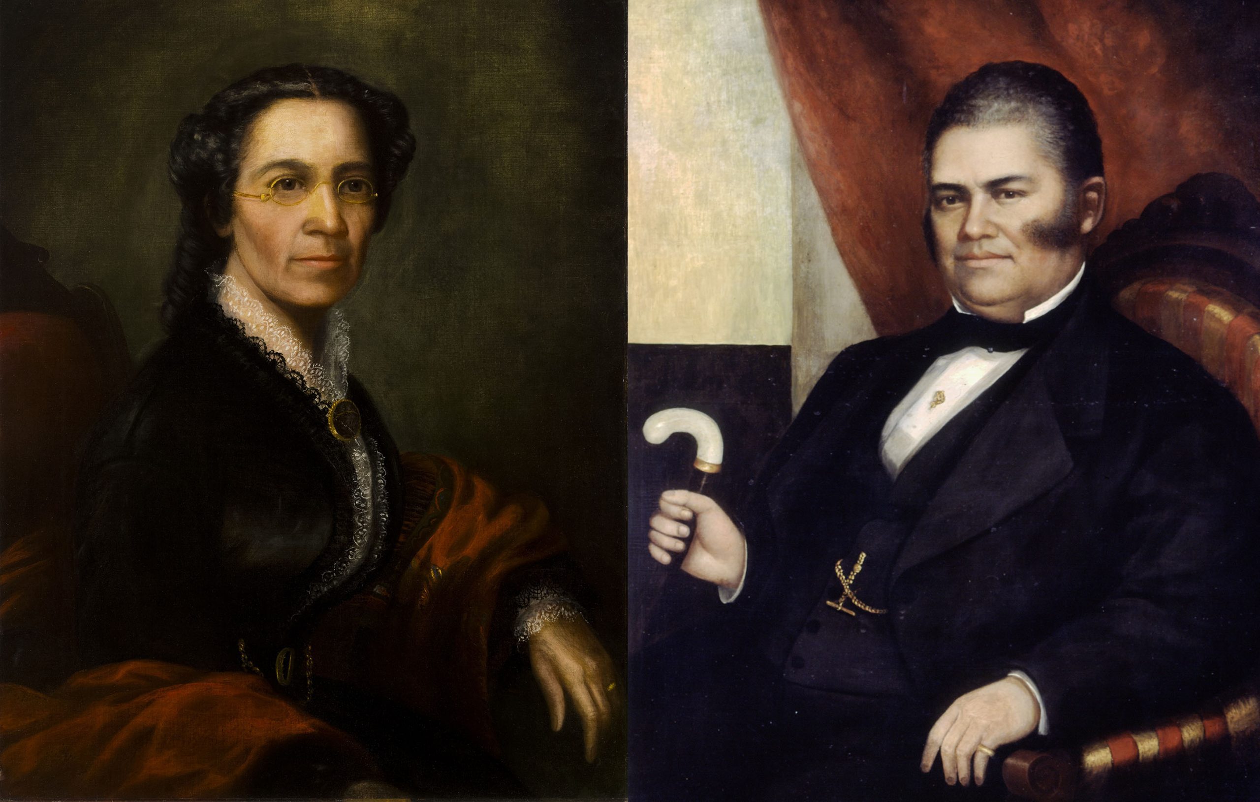 Left: seated portrait of Mary Richardson Jones; right: seated portrait of John Jones