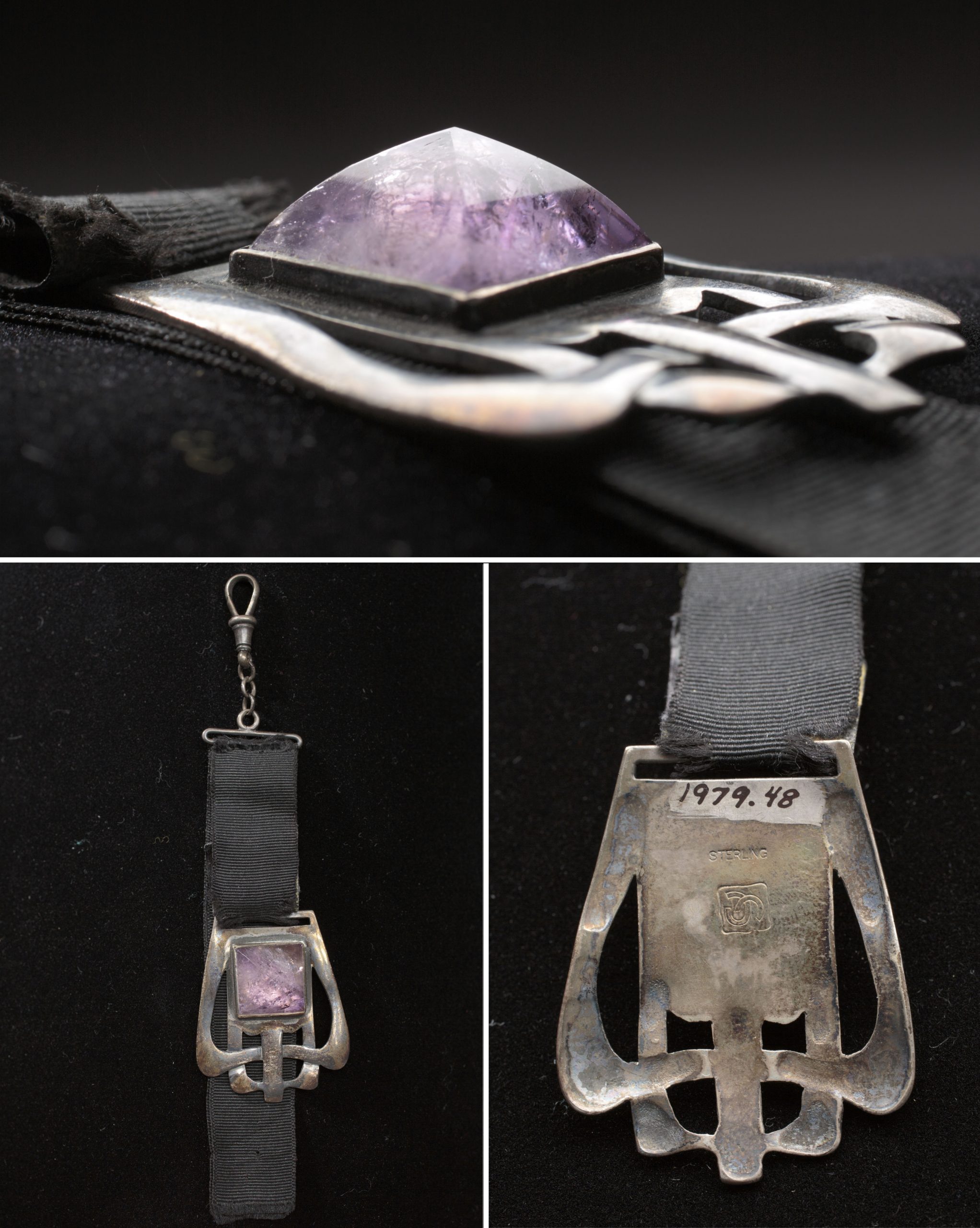 Watch fob with amethyst stone by Carence Crafters, with close up details