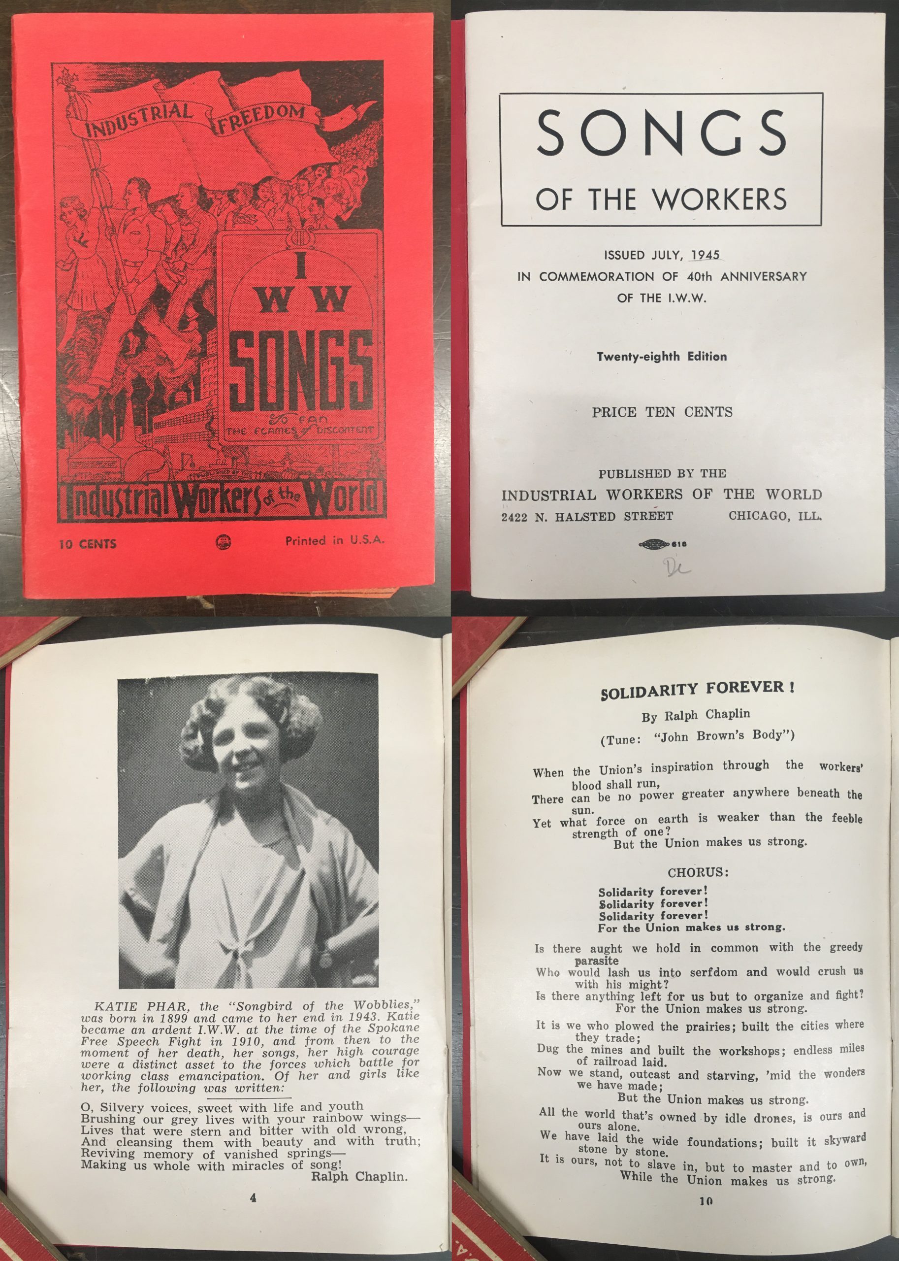 Collage of four photos of cover and pages from a 1945 IWW songbook