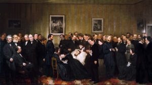 Artist's rendition of Abraham Lincoln's death, depicting the president on his deathbed surrounded by a large group of people, most of whom were not actually present for the president's death.