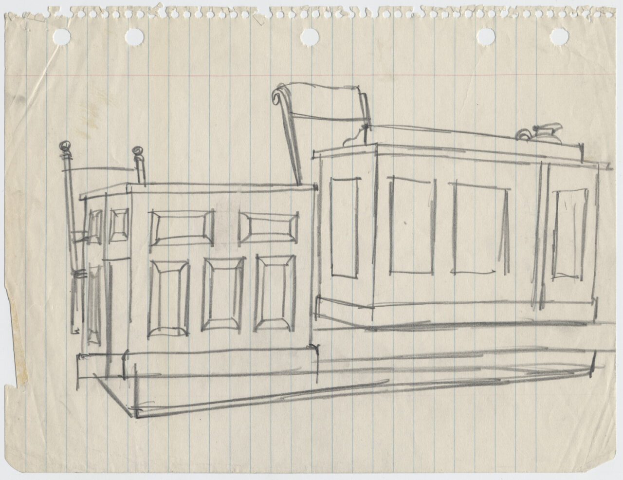 Drawing by Franklin McMahon of Judge’s bench and witness stand from Emmett Till trial.