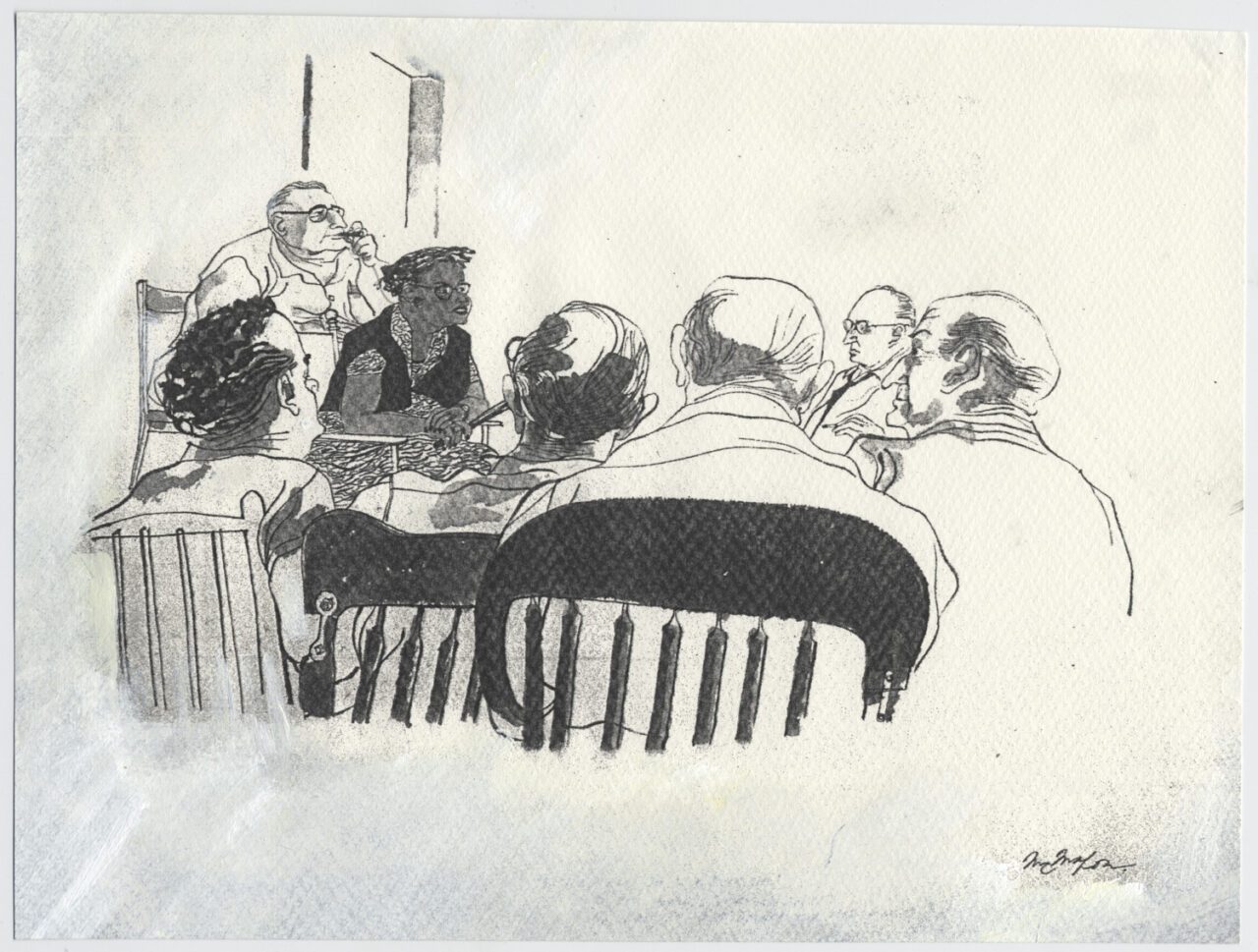 Drawing by Franklin McMahon of Emmett Till’s mother, Mamie Bradley testifying at Emmett Till trial.