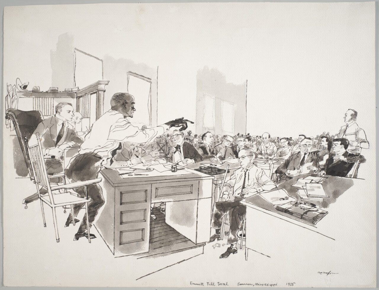 Drawing by Franklin McMahon of Moses Wright testifiying at Emmett Till trial.