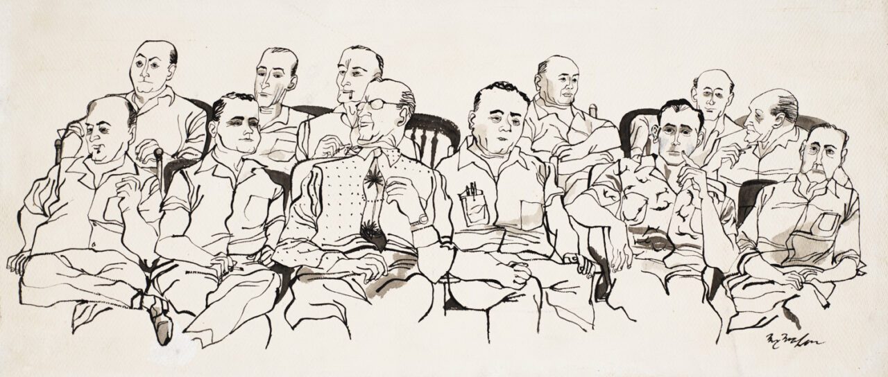 Drawing of twelve jurors at the trial regarding the murder of Emmett Till