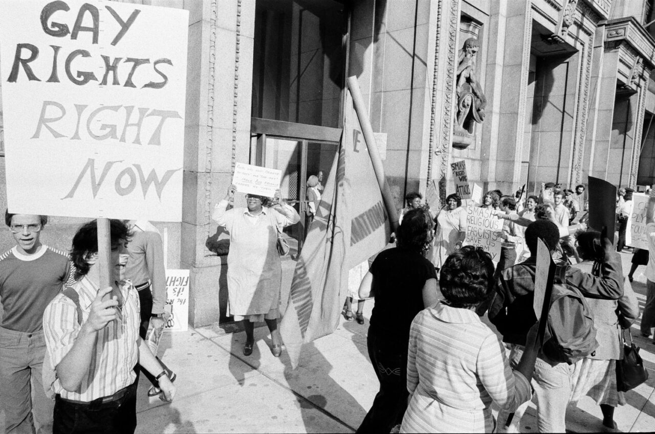 Individuals picket in downtown Chicago in support of LGBTQ rights bill