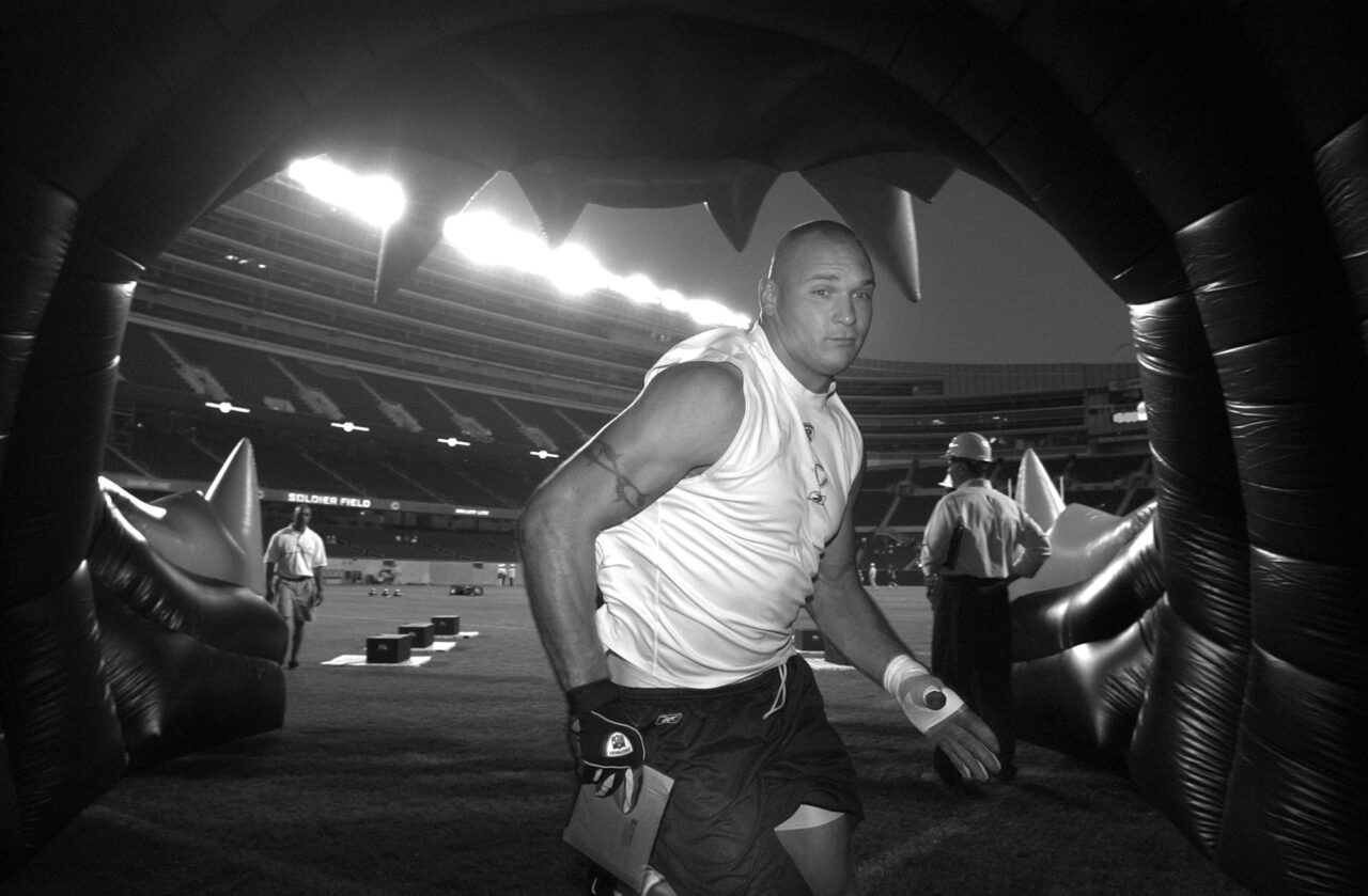 Chicago Bears linebacker Brian Urlacher checks out the new Soldier Field