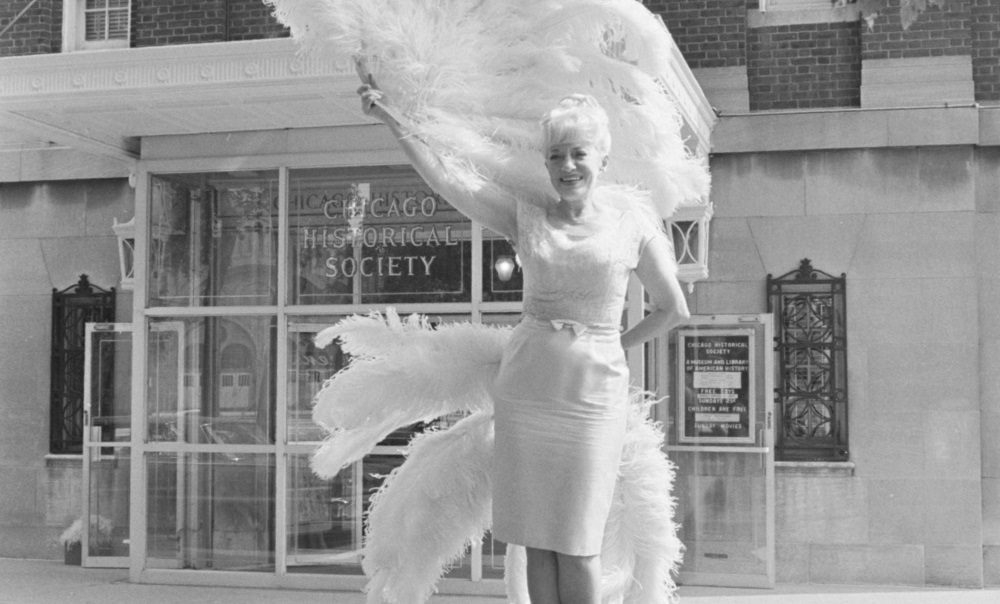 Fan dancer, Sally Rand, performs at the Chicago Historical Society