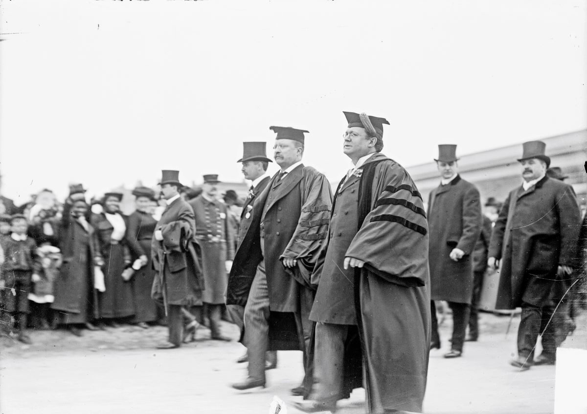 President Theodore Roosevelt, left, and William Rainey Harper, president of the University of Chicago, right, Chicago, Illinois, April 2, 1903. President Roosevelt was at the University of Chicago to receive an honorary degree.