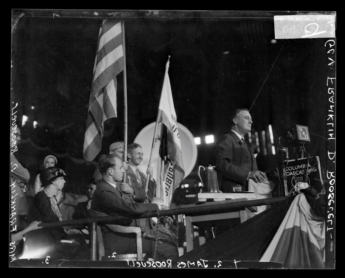 Franklin D. Roosevelt speaking at the Democratic National Convention, Eleanor Roosevelt on the platform, Chicago, Illinois, July 1932