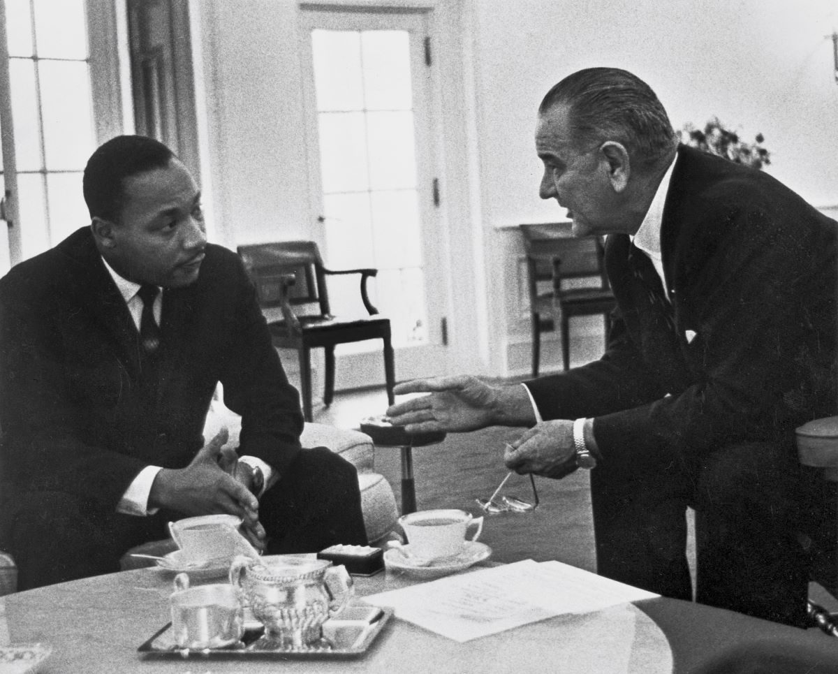 Martin Luther King Jr. meets with President Lyndon B. Johnson at the White House, Washington, D. C., 1963.