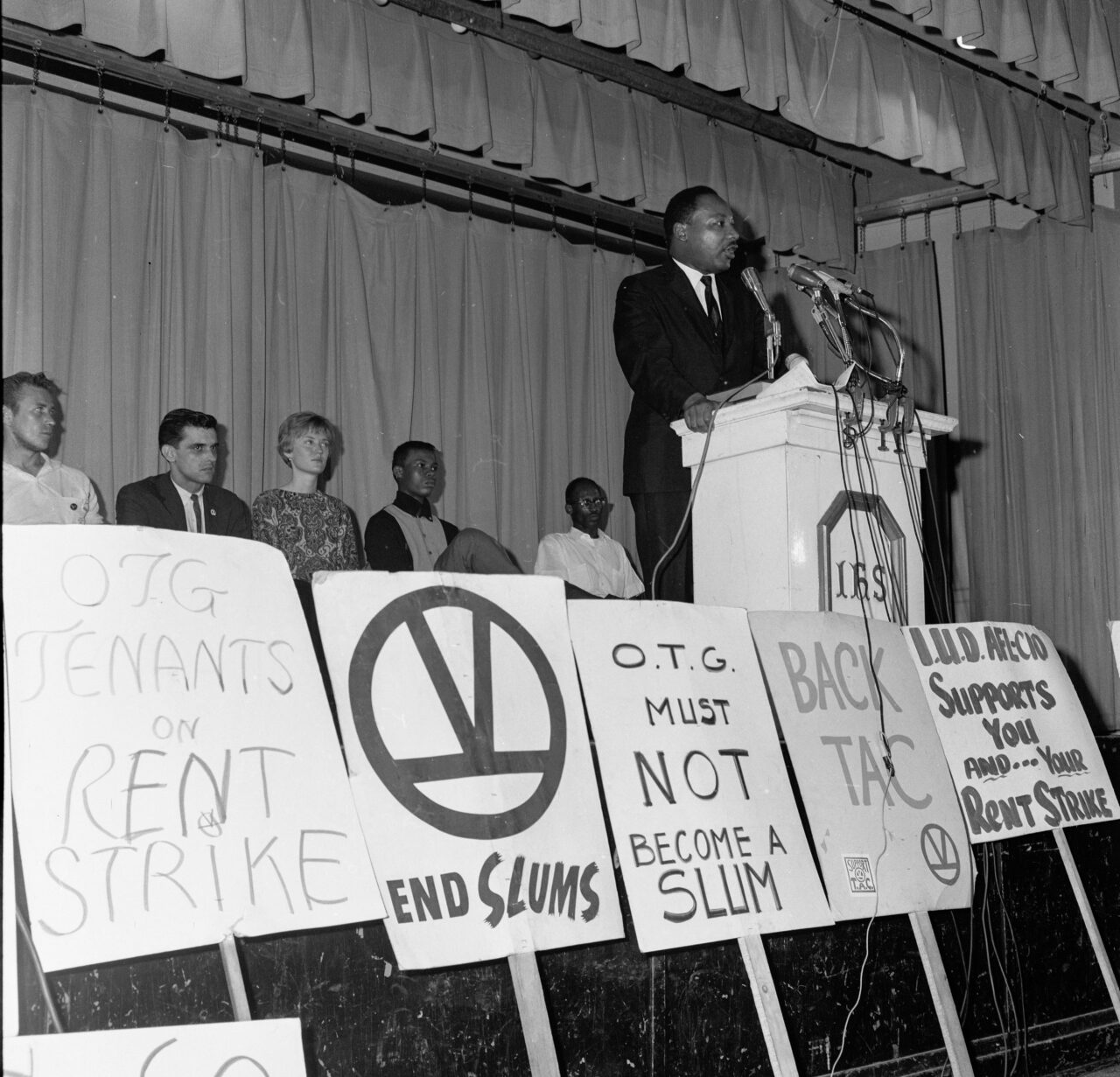 Dr. Martin Luther King Jr. at a rent strike meeting at Olivet Community Center