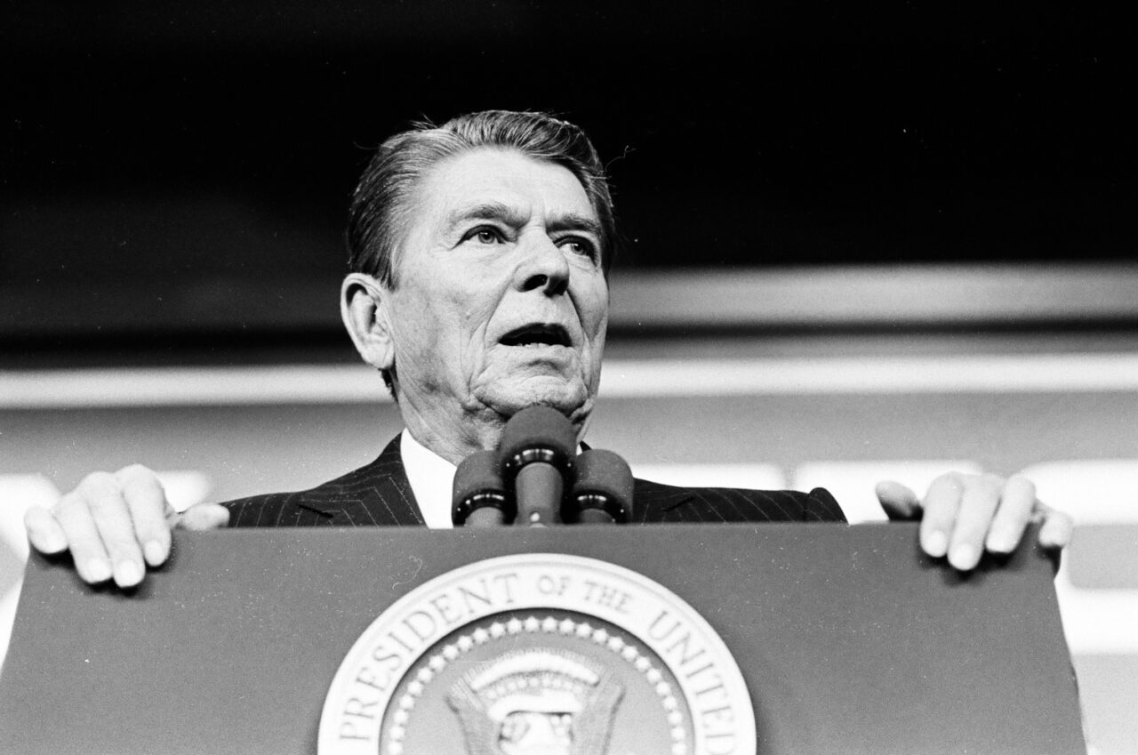 President Ronald Reagan speaks to students at Gordon Technical High School